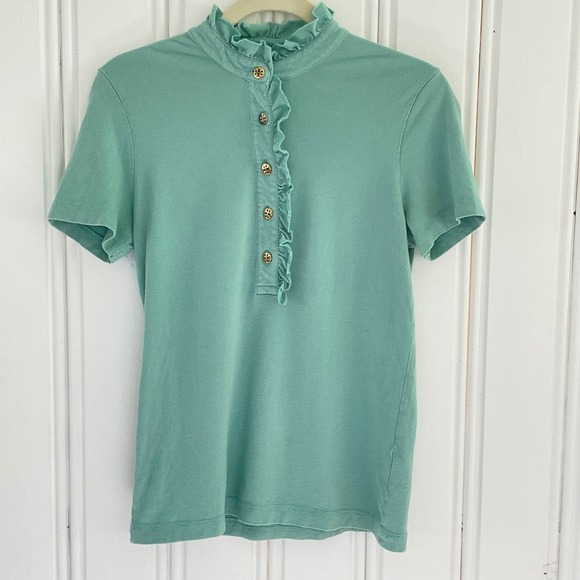 Tory Burch Tops - Tory Burch Lidia Polo Shirt Womens M Sage Green Button Ruffle Pima Cotton Modal